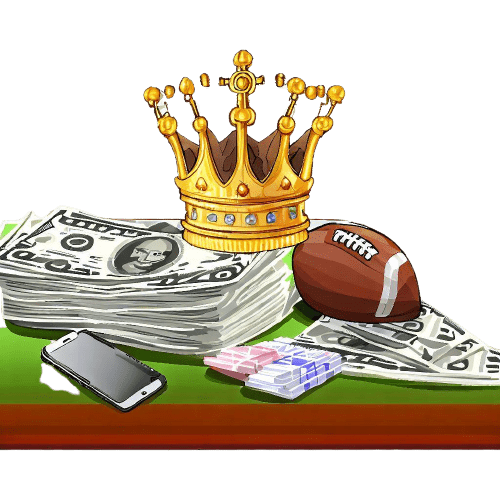 Una corona de rey, fajos de billetes, un teléfono y un balón de fútbol americano.