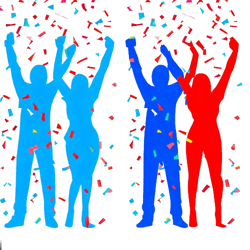 Cuatro siluetas de personas celebrando una victoria