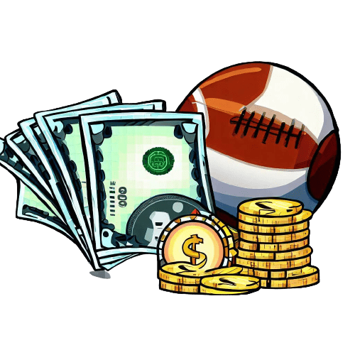 Un balón de fútbol americano, monedas y billetes