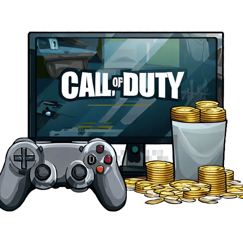 Un ordenador con Call of Duty escrito en él, un joystick y algunas monedas de plata.