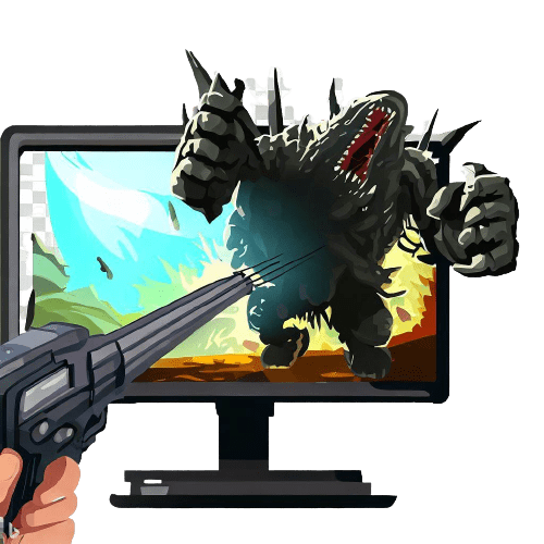 Una mano con un arma apuntando a un monstruo en un ordenador