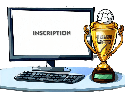 Un ordenador con la palabra “inscripción” y una copa de fútbol