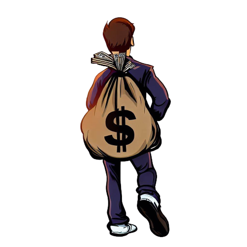 Un hombre con una bolsa a la espalda con el signo del dólar