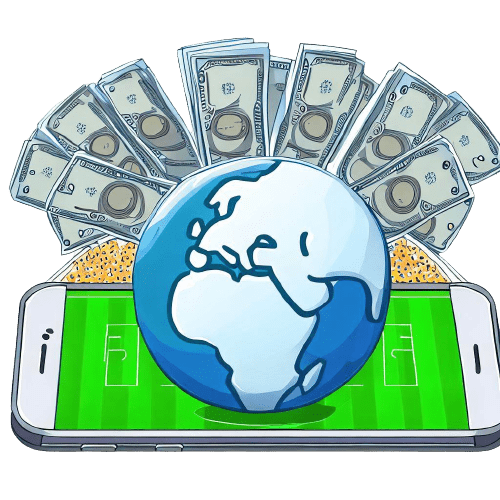 Un globo terráqueo colocado sobre un teléfono mostrando un campo de fútbol y rodeado de billetes de banco