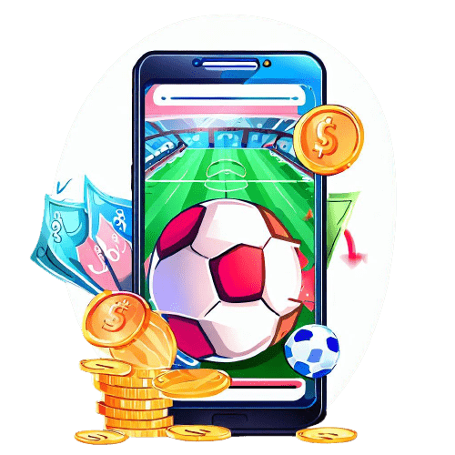 Un teléfono que muestra un campo de fútbol, balones y monedas de un dólar